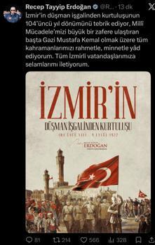 Cumhurbaşkanı Erdoğan'dan, İzmir'in kurtuluşunun yıl dönümü mesajı