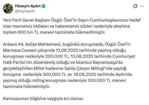 Özgür Özel hakkında 800 bin TL tazminat kararı