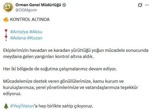 OGM: Aksu ve Kozan yangınları kontrol altına alındı