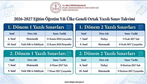 Ülke geneli ortak yazılı sınav takvimi belli oldu