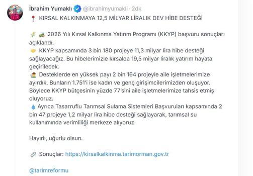 Kırsal kalkınmaya 12,5 milyar liralık hibe desteği
