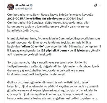 15 ilde 'Ailem Güvende' operasyonu: 162 şüpheli, 9 dernek ve 13 işletmeye adli işlem