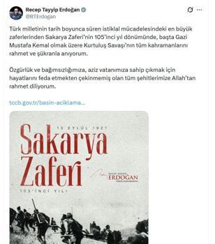Cumhurbaşkanı Erdoğan'dan Sakarya Zaferi'nin 105'inci yıl dönümü mesajı