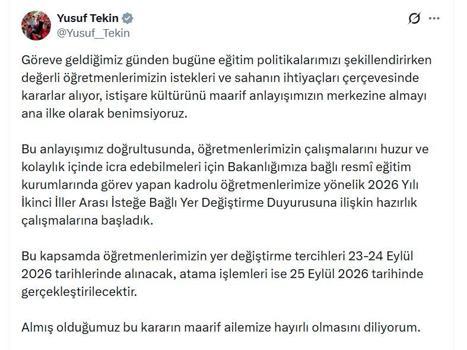 Bakan Tekin: Öğretmenlerimizin yer değiştirme tercihleri 23-24 Eylül'de alınacak