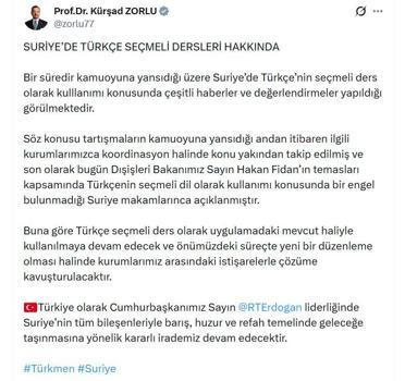 AK Parti'li Zorlu'dan Suriye'de Türkçenin seçmeli dil olarak kullanımına ilişkin açıklama