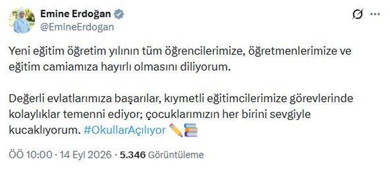 Emine Erdoğan'dan yeni eğitim öğretim yılı mesajı