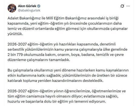 Bakan Gürlek: Denetimli serbestlik yükümlülerimizin çalışmalarıyla 2 bin 779 okulumuzda çalışmaları tamamladık