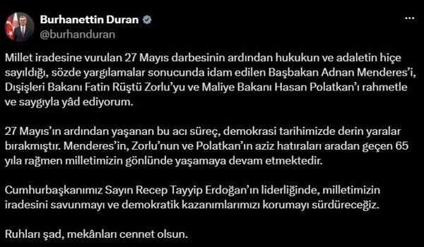 İletişim Başkanı Duran: Menderes, Zorlu ve Polatkan'ı rahmetle yad ediyorum