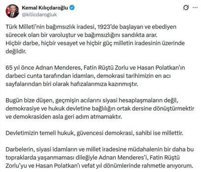 Kılıçdaroğlu: Menderes, Zorlu ve Polatkan’ı rahmetle anıyorum