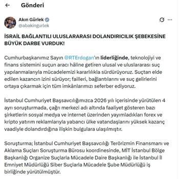 Bakan Gürlek: İsrail bağlantılı uluslararası dolandırıcılık şebekesine büyük darbe vurduk