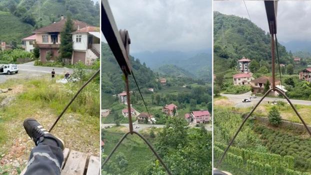 İlkel teleferikle tehlikeli yolculuk kamerada