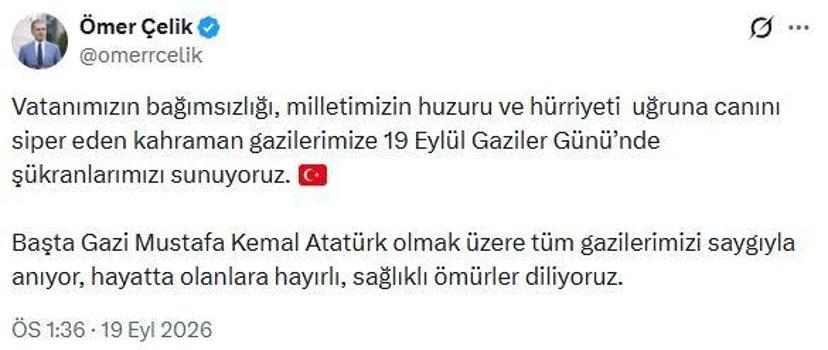 AK Parti'li Çelik'ten 'Gaziler Günü' mesajı