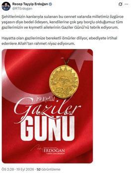Cumhurbaşkanı Erdoğan: Tüm gazilerimizin ve ailelerinin Gaziler Günü'nü tebrik ediyorum