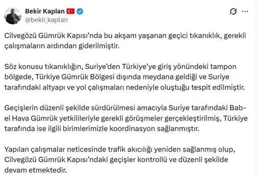 Cilvegözü Gümrük Kapısı’nda yaşanan geçici tıkanıklık giderildi