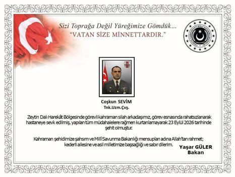 Zeytin Dalı Harekat bölgesinde görevi sırasında rahatsızlanan asker şehit oldu
