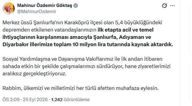 Şanlıurfa merkezli depremden etkilenenler için 10 milyon lira kaynak aktarıldı