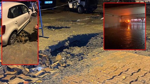 İstanbul'da alt geçidi su bastı; araçlar çöken yolda kaldı