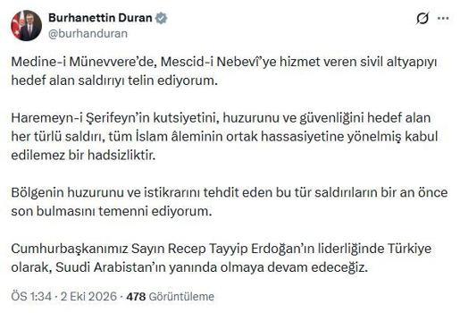 İletişim Başkanı Duran: Medine-i Münevvere'de sivil altyapıyı hedef alan saldırıyı telin ediyorum