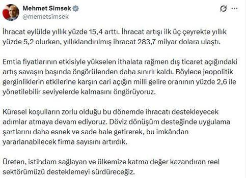 Bakan Şimşek: Dış ticaret açığındaki artış savaşın başında öngörülenden daha sınırlı kaldı