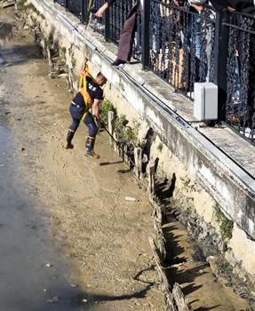 Balçıkla kaplı dere yatağında mahsur kalan kedileri itfaiyeciler kurtardı