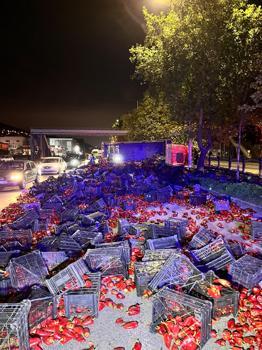 Devrilen kamyondaki biberler yola saçıldı; 2 yaralı