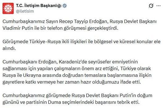 Cumhurbaşkanı Erdoğan, Rusya Devlet Başkanı Putin ile telefonda görüştü