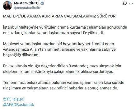 Bakan Çiftçi: Enkazdan çıkarılanların sayısı 11'e yükseldi