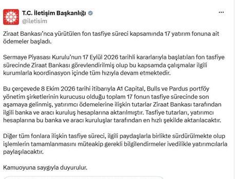 İletişim Başkanlığı: 17 yatırım fonuna ait ödemeler başladı