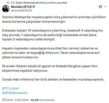 Bakan Çiftçi: Çöken binanın enkazındaki arama kurtarma çalışmaları tamamlandı