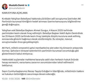 AK Parti'li Demir: Şahısların eylemlerinin partimizin kurumsal sorumluluğu gibi gösterilmesini kabul etmiyoruz