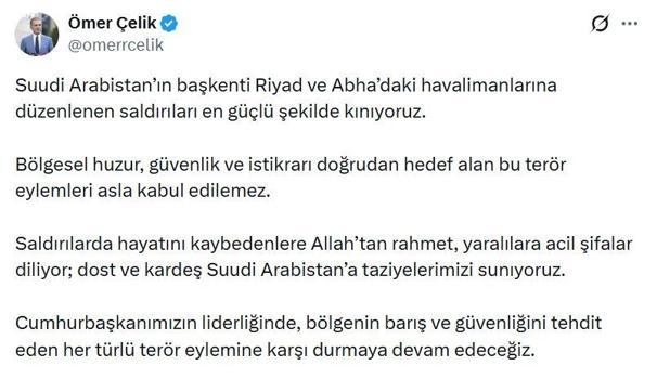 AK Parti'li Çelik: Suudi Arabistan'daki havalimanlarına düzenlenen saldırıları en güçlü şekilde kınıyoruz