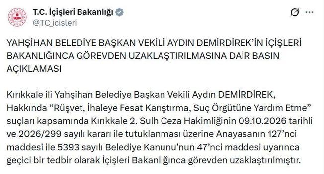 Yahşiyan Belediye Başkanvekili Demirdirek, görevden uzaklaştırıldı