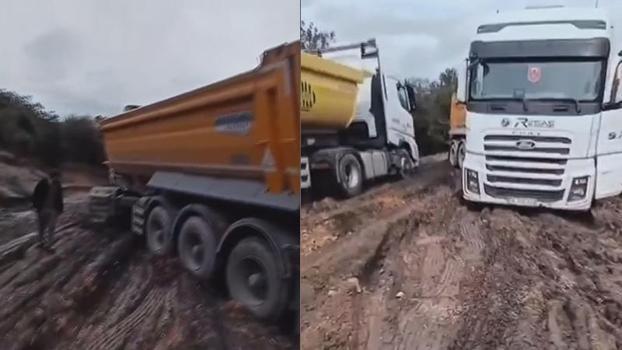 Çatalca’da sağanak sonrası yol bataklığa döndü; kamyonlar mahsur kaldı