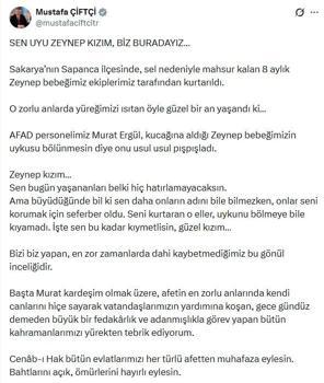Bakan Çiftçi'den Sakarya'da kurtarılan Zeynep bebeğe ilişkin paylaşım