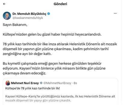 Başkan Büyükkılıç: Kültepe’den gelen haber hepimizi heyecanlandırdı