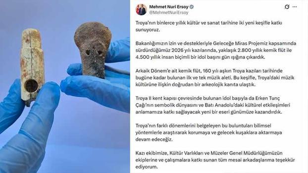Çanakkale Troya'da 2 bin 800 yıllık kemik flüt ve 4 bin 500 yıllık idol başı bulundu