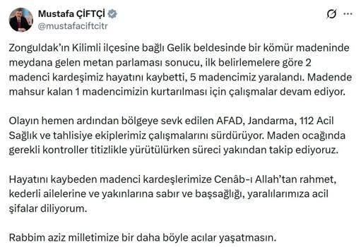 Bakan Çifti'den Zonguldak'taki maden kazasına ilişkin açıklama; Süreci takip ediyoruz