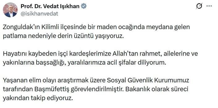 Bakan Işıkhan: Madendeki patlamayla ilgili başmüfettiş görevlendirildi