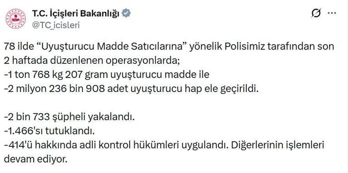 78 ilde uyuşturucu operasyonu: 1466 tutuklama