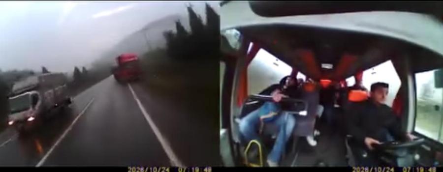 Hatalı sollama yapan kamyon ile midibüs burun buruna geldi