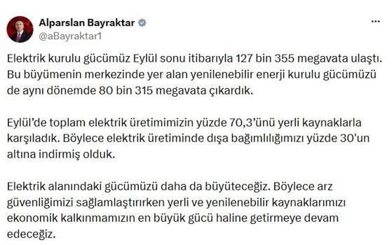 Türkiye'nin elektrik kurulu gücü 127 bin 355 megavata ulaştı