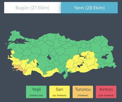 Muğla için 'turuncu', 18 il için 'sarı' kodlu uyarı