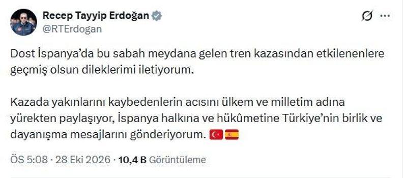 Cumhurbaşkanı Erdoğan'dan İspanya'ya geçmiş olsun mesajı