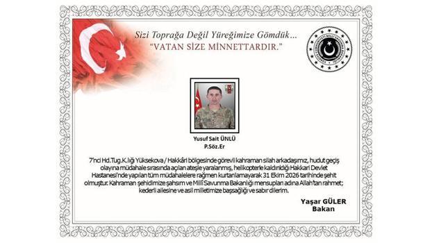 Hakkari'de hudut geçiş olayına müdahale ederken açılan ateşle yaralanan asker şehit oldu