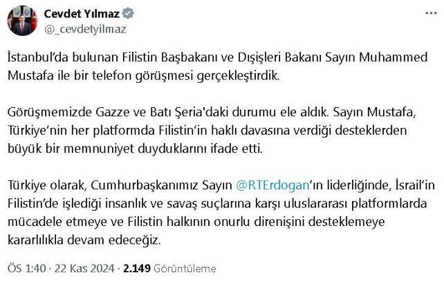 Cumhurbaşkanı Yardımcısı Yılmaz, Filistin Başbakanı Mustafa ile görüştü