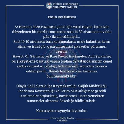 Trabzon'da, mevlitte tavuk- pilavdan 59 kişi hastanelik oldu