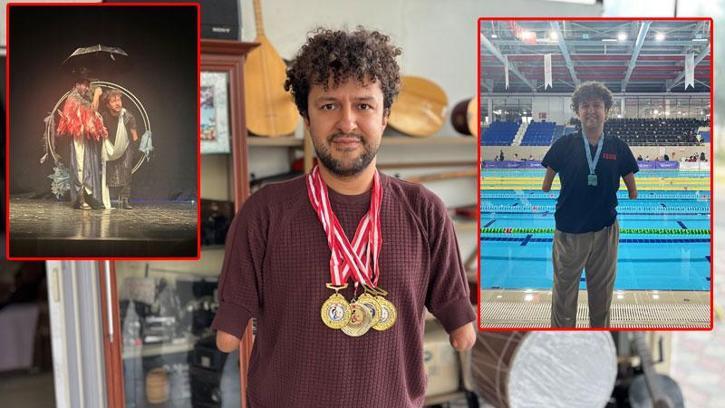 95 madalyalı Hamit, engelleri havuzda ve tiyatro sahnesinde aştı