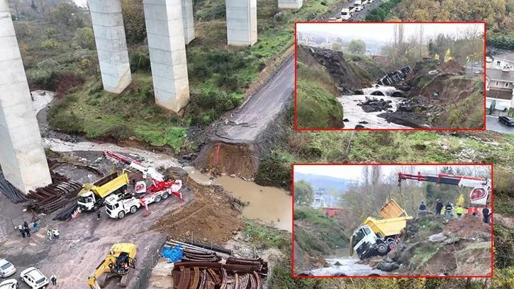 Sarıyer'de yol çöktü; dereye düşen kamyon çıkarıldı