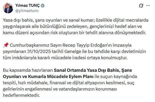 Bakan Tunç: Örgütlü şekilde işlenen yasa dışı bahis ve kumar suçlarında cezalar ağırlaştırılacak