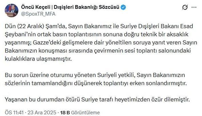 Dışişleri Sözcüsü Keçeli: Şam’daki toplantı teknik aksaklık nedeniyle erken sonlandırıldı